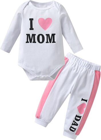 مجموعة ملابس للفتيات حديثي الولادة من Kulcerry مطبوع عليها I Love Mom and I Love Dad، مجموعة ملابس للفتيات الرضع in Kuwait