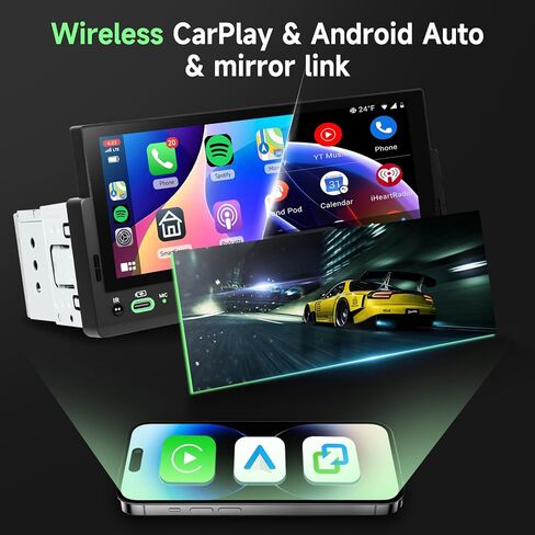 Single Din Touch Screen Car Stereo with Wireless Carplay and Android Auto, Universal Car Radio 1 DIN HD MP5 car Player 6.86" Support Bluetooth Mirror Link Steering Wheel Control EQ FM USB Type-C in Kuwait