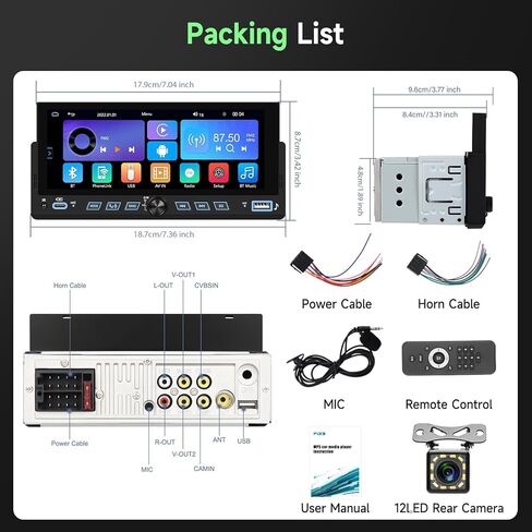 Single Din Touch Screen Car Stereo with Wireless Carplay and Android Auto, Universal Car Radio 1 DIN HD MP5 car Player 6.86" Support Bluetooth Mirror Link Steering Wheel Control EQ FM USB Type-C in Kuwait