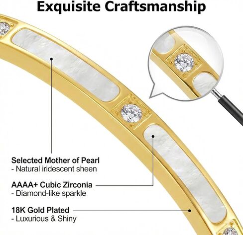 Gold cuff bracelets for women - Mother of Pearl and Cubic Zirconia Bangle, High Polished Stainless Steel, Perfect for Wedding, Party, and Gift for Her in Saudi Arabia