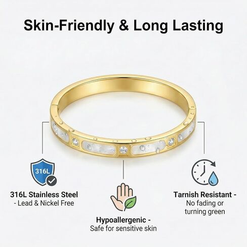 Gold cuff bracelets for women - Mother of Pearl and Cubic Zirconia Bangle, High Polished Stainless Steel, Perfect for Wedding, Party, and Gift for Her in Saudi Arabia