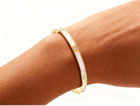 Gold cuff bracelets for women - Mother of Pearl and Cubic Zirconia Bangle, High Polished Stainless Steel, Perfect for Wedding, Party, and Gift for Her in Saudi Arabia