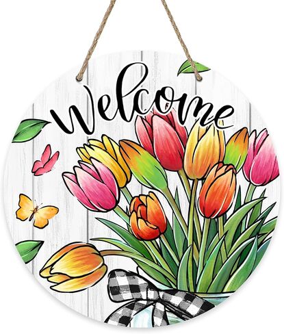 Welcome Spring Summer Hummingbird Front Door Sign, Daffodil Morning Glory Flower Wood Door Hanger Outdoor Outside Porch Decor, Hyacinth Floral Wooden Wreath Indoor Wall Hanging Decoration in Kuwait