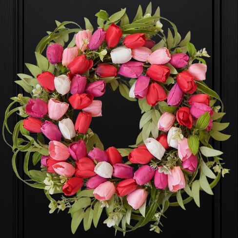 Bibelot Valentines Day Wreath, 20 Inch Valentine Door Wreath, Valentine's Wreaths with Red Pink White Tulip Flowers for Wedding Festival Decorations in Saudi Arabia
