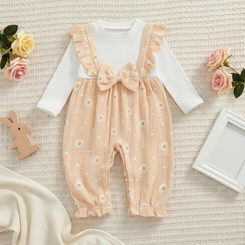 Baby Girl Suspender Romper Outfit Daisy Peach White Bow Casual Daywear For Everyday Wear And Outings in Saudi Arabia