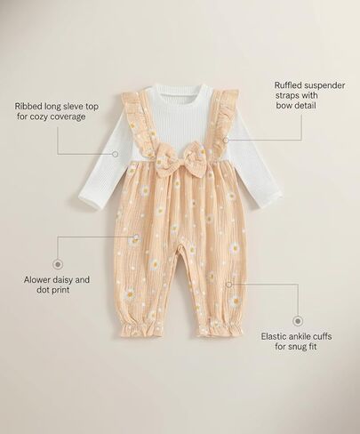 Baby Girl Suspender Romper Outfit Daisy Peach White Bow Casual Daywear For Everyday Wear And Outings in Saudi Arabia