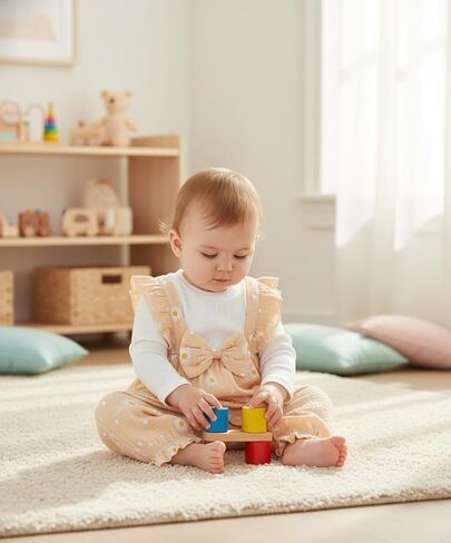 Baby Girl Suspender Romper Outfit Daisy Peach White Bow Casual Daywear For Everyday Wear And Outings in Saudi Arabia