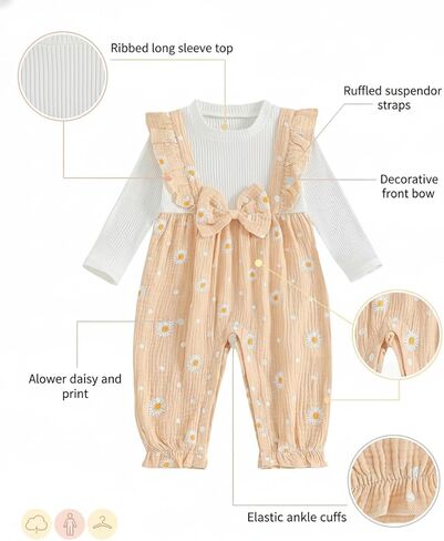 Baby Girl Suspender Romper Outfit Daisy Peach White Bow Casual Daywear For Everyday Wear And Outings in Saudi Arabia