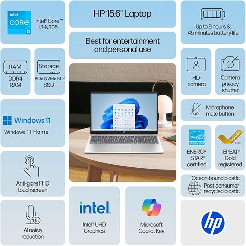 HP 15.6" Touchscreen Laptop Computer for Business Home, 8GB DDR4 RAM, 256GB PCIe SSD, Intel Processor Octa-Core, FHD, WiFi 6, Bluetooth 5.4, Numeric Keypad, Moonlight Blue, Windows 11 Home, USB C Hub in Saudi Arabia