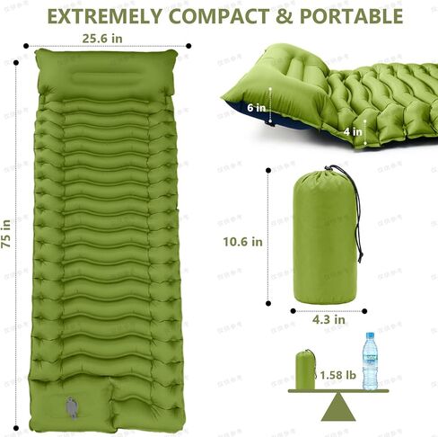 Sleeping Pad, Ultralight Camping Mattress with Pillow, Built-in Foot Pump Inflatable Sleeping Pad Compact for Camping Backpacking Traveling Hiking Tent, Single,Green in Saudi Arabia