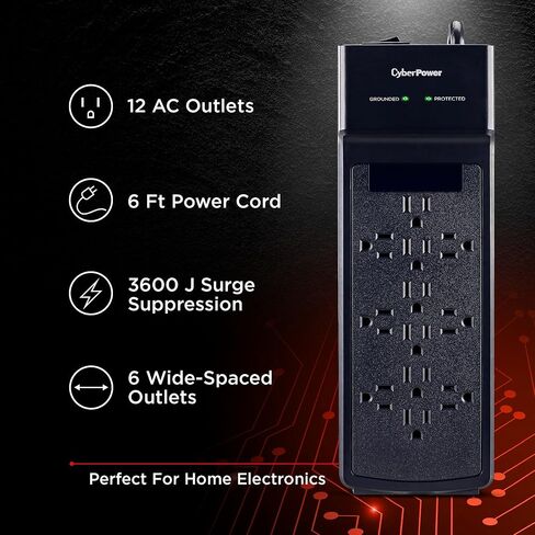 CyberPower CSB1206 واقي التيار الأساسي، 3600J، 125 فولت، 15 أمبير، 12 منفذًا، سلك طاقة 6 أقدام، أسود، مدرج في قائمة ETL in Kuwait