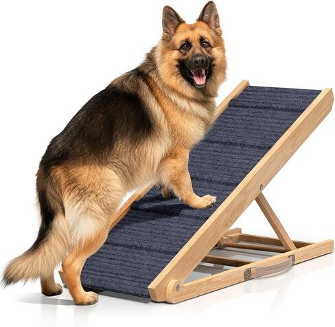 منحدر للكلاب قابل للتعديل للسرير - بطول 39.3 بوصة مع مساحة مشي واسعة 13.4 بوصة و5 مستويات منحدر قابلة للطي للكلاب لتصعد على السرير (خشب الصنوبر الصلب) in Kuwait