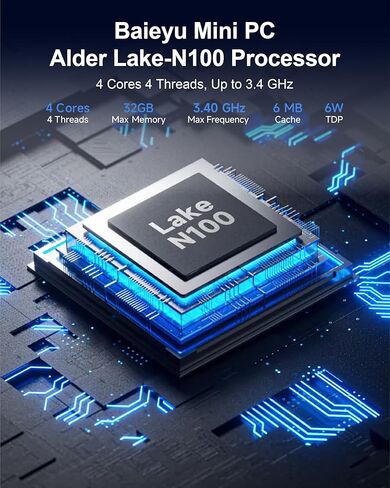 كمبيوتر صغير Baieyu N100، ذاكرة وصول عشوائي 8 جيجابايت DDR4 128 جيجابايت SSD، كمبيوتر صغير يعمل بنظام Windows 11 Pro ثنائي النطاق واي فاي، شاشة 4K HD/DP ثلاثية/RS232 COM/BT4.2/USB3.0/دعم التشغيل التلقائي، كمبيوتر شخصي صغير in Kuwait