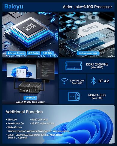 كمبيوتر صغير Baieyu N100، ذاكرة وصول عشوائي 8 جيجابايت DDR4 128 جيجابايت SSD، كمبيوتر صغير يعمل بنظام Windows 11 Pro ثنائي النطاق واي فاي، شاشة 4K HD/DP ثلاثية/RS232 COM/BT4.2/USB3.0/دعم التشغيل التلقائي، كمبيوتر شخصي صغير in Kuwait