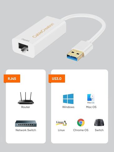 محول CableCreation USB 3.0 إلى Ethernet، محول شبكة USB إلى RJ45 يدعم 10/100/1000 ميجابت في الثانية جيجابت متوافق مع Nintendo Switch وMacBook وWindows وmacOS وLinux وChrome OS، أبيض in Saudi Arabia