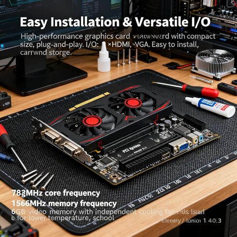 وحدة معالجة الرسومات POCREATION Gaming GPU 6GB GDDR5 192BIT، تبريد هادئ فعال، PCI Express 2.0، لتحرير مقاطع الفيديو الخاصة بألعاب الكمبيوتر، DVI VGA DirectX 11 in Kuwait