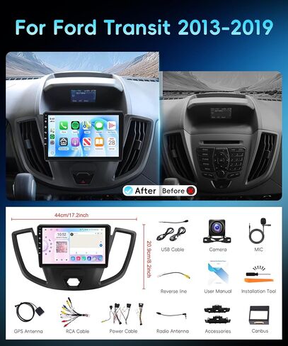 راديو ستيريو للسيارة 8 Core 6G+128G Android 15 لسيارة Ford Transit 2013-2019، Carplay Android Auto، شاشة لمس 9 بوصة مع نظام تحديد المواقع العالمي/بلوتوث 5.0/FM RDS/DSP/5G-WiFi كاميرا احتياطية ذات رؤية بانورامية 360 درجة SWC in Kuwait