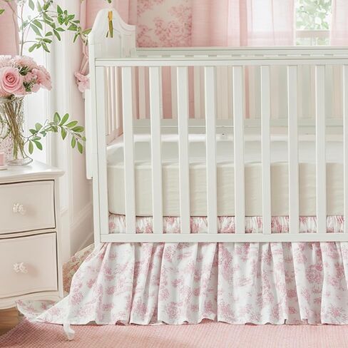 تنورة سرير قطنية من Brandream French Country Toile تنورة سرير للأطفال الصغار تنورة مكشكشة من الغبار لسرير الأطفال في غرفة الأطفال تنورة بوهو بوهيمية عتيقة وردية مطبوعة بالأزهار تنورة أنيقة مكشكشة in Kuwait