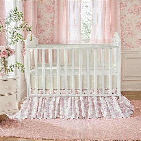 تنورة سرير قطنية من Brandream French Country Toile تنورة سرير للأطفال الصغار تنورة مكشكشة من الغبار لسرير الأطفال في غرفة الأطفال تنورة بوهو بوهيمية عتيقة وردية مطبوعة بالأزهار تنورة أنيقة مكشكشة in Kuwait