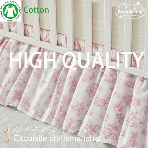 تنورة سرير قطنية من Brandream French Country Toile تنورة سرير للأطفال الصغار تنورة مكشكشة من الغبار لسرير الأطفال في غرفة الأطفال تنورة بوهو بوهيمية عتيقة وردية مطبوعة بالأزهار تنورة أنيقة مكشكشة in Kuwait