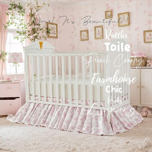 تنورة سرير قطنية من Brandream French Country Toile تنورة سرير للأطفال الصغار تنورة مكشكشة من الغبار لسرير الأطفال في غرفة الأطفال تنورة بوهو بوهيمية عتيقة وردية مطبوعة بالأزهار تنورة أنيقة مكشكشة in Kuwait