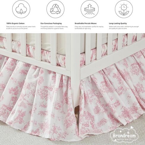 تنورة سرير قطنية من Brandream French Country Toile تنورة سرير للأطفال الصغار تنورة مكشكشة من الغبار لسرير الأطفال في غرفة الأطفال تنورة بوهو بوهيمية عتيقة وردية مطبوعة بالأزهار تنورة أنيقة مكشكشة in Kuwait