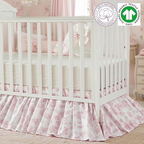 تنورة سرير قطنية من Brandream French Country Toile تنورة سرير للأطفال الصغار تنورة مكشكشة من الغبار لسرير الأطفال في غرفة الأطفال تنورة بوهو بوهيمية عتيقة وردية مطبوعة بالأزهار تنورة أنيقة مكشكشة in Kuwait