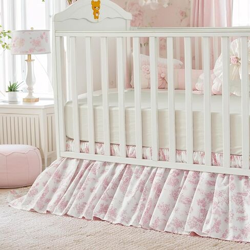تنورة سرير قطنية من Brandream French Country Toile تنورة سرير للأطفال الصغار تنورة مكشكشة من الغبار لسرير الأطفال في غرفة الأطفال تنورة بوهو بوهيمية عتيقة وردية مطبوعة بالأزهار تنورة أنيقة مكشكشة in Kuwait