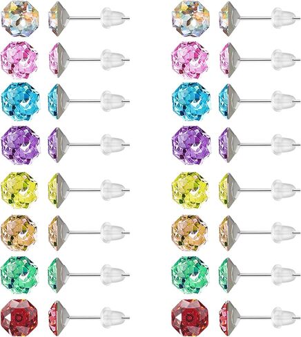 KASFREE 14 زوجًا من أقراط الزركونيا المكعبة الملونة للنساء 925 من الفضة الاسترليني بعد ترصيع مضادة للحساسية 6 مم 8 مم in Kuwait