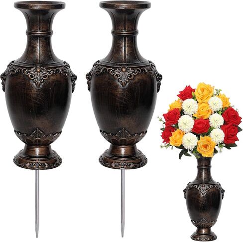 Memorial Grave Vase with Ground Spikes,Cemetery Vase, Headstones Flower Holder, Vases for Artificial Flowers for Grave Markers Cemetery Decorations ﻿ (1, Bronze) in Saudi Arabia