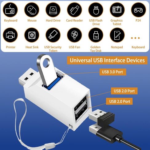 محول USB 3.0 3 منافذ، موزع USB مع منفذ USB 3.0 ومنفذين USB 2.0، موزع منفذ USB محمول للوحة المفاتيح، القرص الصلب المحمول، قرص U، الكاميرا، الماوس، إلخ (أبيض) in Saudi Arabia