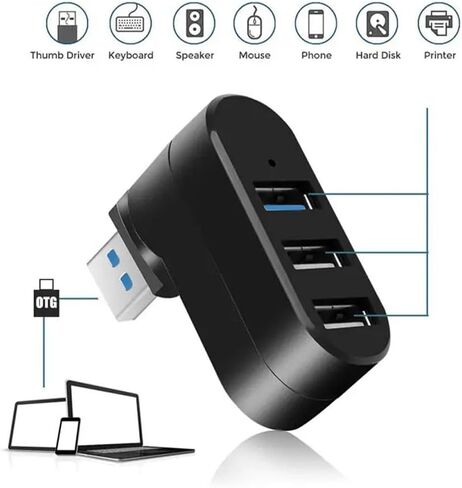 محول محور USB دوار بثلاثة منافذ، موسع USB 2.0 عالي السرعة للكمبيوتر المحمول، ملحق صغير للتوصيل والتشغيل - متوافق مع لوحات مفاتيح محركات الأقراص الصلبة للهواتف in Saudi Arabia