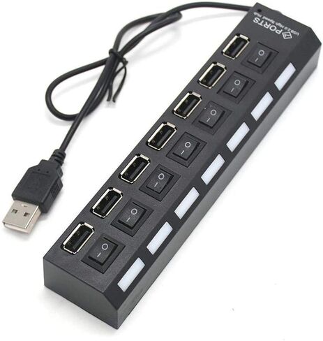 موزع USB 2.0 ذو 7 منافذ، مقسم موسع USB مع مفاتيح تشغيل/إيقاف LED فردية، حماية من التيار الزائد، التوصيل والتشغيل للكمبيوتر المحمول in Kuwait