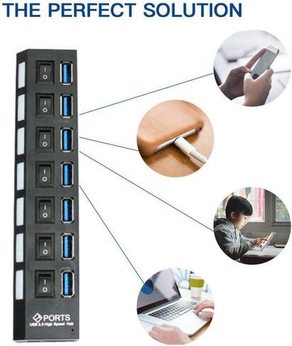 موزع USB 2.0 ذو 7 منافذ، مقسم موسع USB مع مفاتيح تشغيل/إيقاف LED فردية، حماية من التيار الزائد، التوصيل والتشغيل للكمبيوتر المحمول in Kuwait
