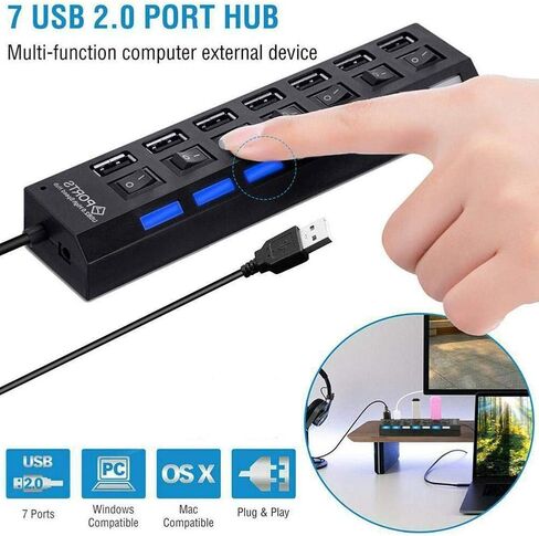 موزع USB 2.0 ذو 7 منافذ، مقسم موسع USB مع مفاتيح تشغيل/إيقاف LED فردية، حماية من التيار الزائد، التوصيل والتشغيل للكمبيوتر المحمول in Kuwait