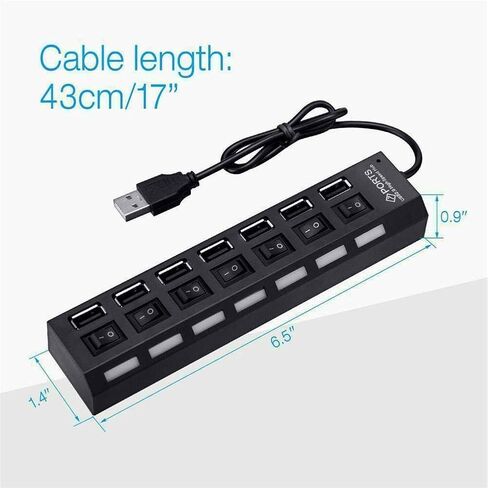 موزع USB 2.0 ذو 7 منافذ، مقسم موسع USB مع مفاتيح تشغيل/إيقاف LED فردية، حماية من التيار الزائد، التوصيل والتشغيل للكمبيوتر المحمول in Kuwait