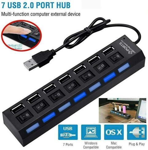 موزع USB 2.0 ذو 7 منافذ، مقسم موسع USB مع مفاتيح تشغيل/إيقاف LED فردية، حماية من التيار الزائد، التوصيل والتشغيل للكمبيوتر المحمول in Kuwait