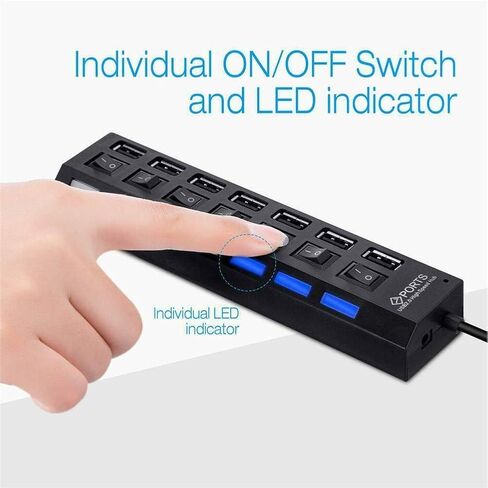 موزع USB 2.0 ذو 7 منافذ، مقسم موسع USB مع مفاتيح تشغيل/إيقاف LED فردية، حماية من التيار الزائد، التوصيل والتشغيل للكمبيوتر المحمول in Kuwait
