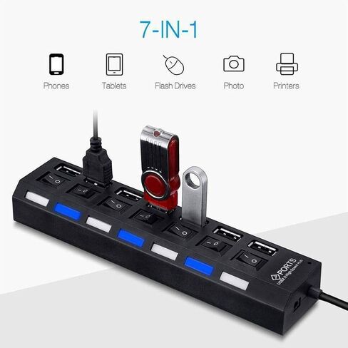 موزع USB 2.0 ذو 7 منافذ، مقسم موسع USB مع مفاتيح تشغيل/إيقاف LED فردية، حماية من التيار الزائد، التوصيل والتشغيل للكمبيوتر المحمول in Kuwait