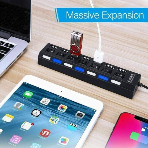 موزع USB 2.0 ذو 7 منافذ، مقسم موسع USB مع مفاتيح تشغيل/إيقاف LED فردية، حماية من التيار الزائد، التوصيل والتشغيل للكمبيوتر المحمول in Kuwait