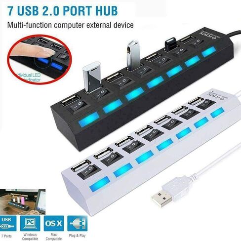 موزع USB 2.0 ذو 7 منافذ، مقسم موسع USB مع مفاتيح تشغيل/إيقاف LED فردية، حماية من التيار الزائد، التوصيل والتشغيل للكمبيوتر المحمول in Kuwait