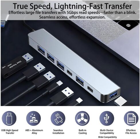 محول نقل بيانات USB 3.0 عالي السرعة 7 في 1، توسيع متعدد المنافذ مع موصلات من النوع C وUSB-A، متوافق مع الأجهزة اللوحية، يدعم جهد التشغيل 5 فولت، يعمل بمنفذ USB in Kuwait