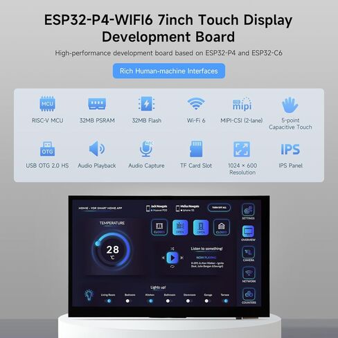 لوحة تطوير KLAYERS ESP32 P4 Wi-Fi 6، مع شاشة لمس 7 بوصة 1024 × 600، ESP32 C6، ثنائي/أحادي النواة RISC-V، MIPI-CSI، USB OTG 2.0 HS، أمان الأجهزة، لحوسبة HMI المتقدمة وحوسبة الحافة، مع حافظة in Kuwait