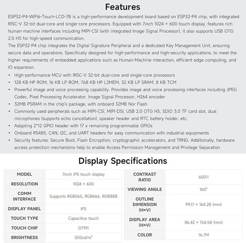 لوحة تطوير KLAYERS ESP32 P4 Wi-Fi 6، مع شاشة لمس 7 بوصة 1024 × 600، ESP32 C6، ثنائي/أحادي النواة RISC-V، MIPI-CSI، USB OTG 2.0 HS، أمان الأجهزة، لحوسبة HMI المتقدمة وحوسبة الحافة، مع حافظة in Kuwait