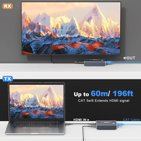 موسع HDMI عبر إيثرنت 4K عبر CAT5e/CAT6/CAT7، 4K@60 هرتز حتى 196 قدمًا (60 مترًا)، دعم وظيفة EDID وPOC in Kuwait