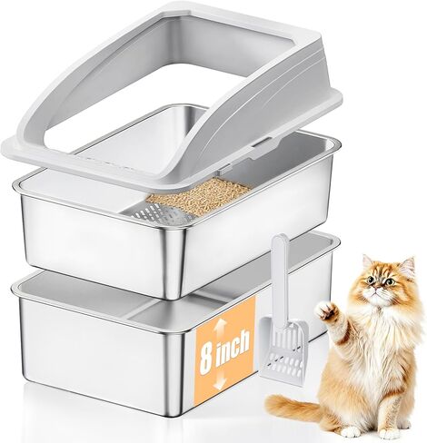 23.6"x15.7"x13.78" Stainless Steel Sifting Litter Box with Lid, XL Sifting Design for Pine Pellets, High Sides Metal Litter Box for Big Cats 7.9in Deep, Easy-to-Clean Removable Drawer Pan in Saudi Arabia