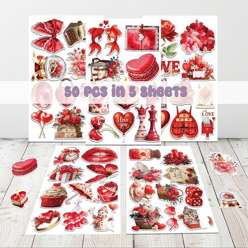 50 Pcs Valentines Day Stickers Cute Valentine Sticker Waterproof Romantic Love Vinyl Decal Laptop Scrapbooking Cards Boxes Water Bottle Party Favors Valentines Gifts for Women Adults in Saudi Arabia