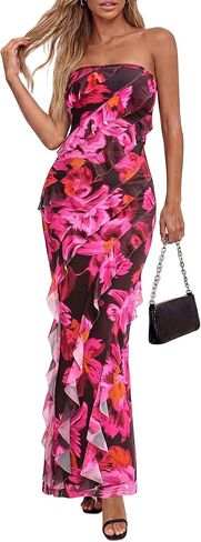 BTFBM Spring Dresses for Women 2026 Strapless Maxi Ruched Bodycon Floral Ruffle Cocktail Formal Wedding Guest Dress in Saudi Arabia