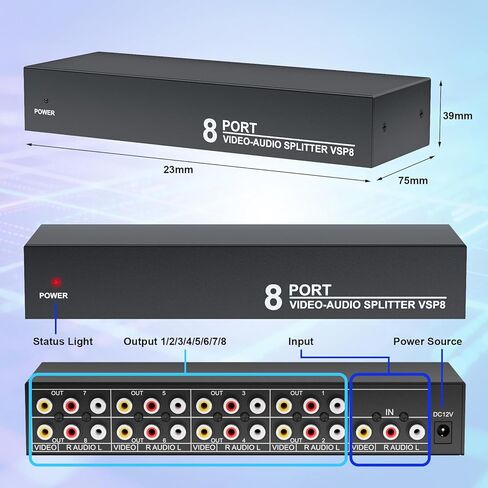 3 RCA Splitter Box 1 in 8 Out, 8 Way Composite RCA AV Distribution Duplicator 1x8, 1 Female to 8 Female, w/Power, Plug&Play, Strong, for Wii PS2 Xbox STB DVD C-VBS in Saudi Arabia