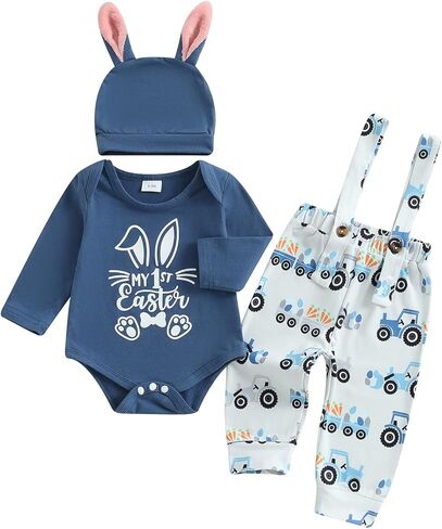 My First Easter Baby Boy Outfit Long Sleeve Romper Tractor Suspender Pants Set Bunny Ear Hat 3Pcs Easter Clothes in Saudi Arabia